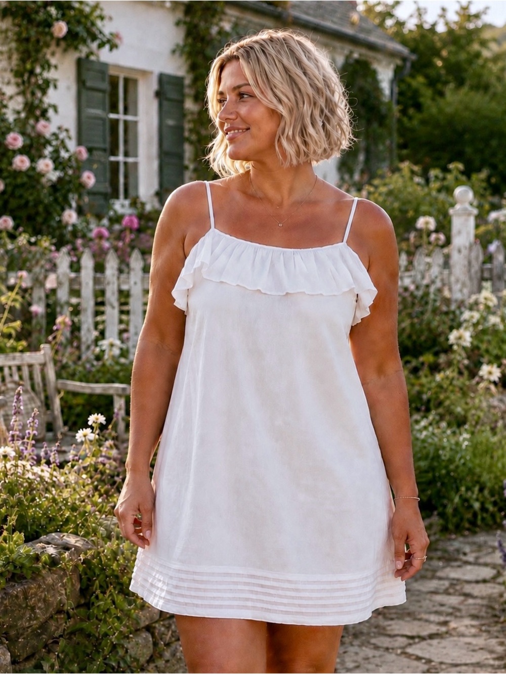 LOFT White Ruffle-Trim Spaghetti Strap Dress